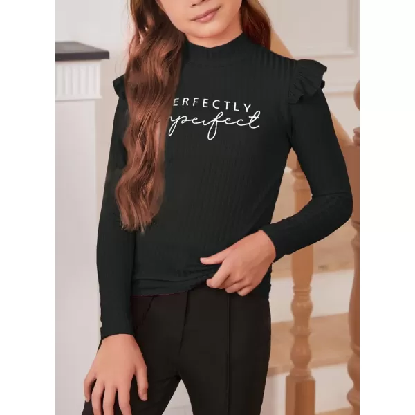 Girls Long Sleeve Ruffle Trim Tee Tops Mock Neck Ribbed Knit Blouse Shirts 4-13 Years