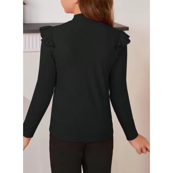 Girls Long Sleeve Ruffle Trim Tee Tops Mock Neck Ribbed Knit Blouse Shirts 4-13 Years