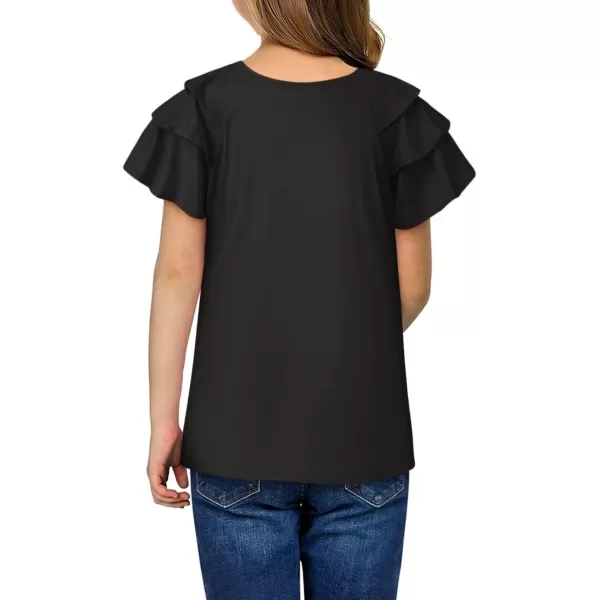 Girls Ruffle Sleeve Shirts Summer Cute Crewneck Blouse Tops 6-15 Years