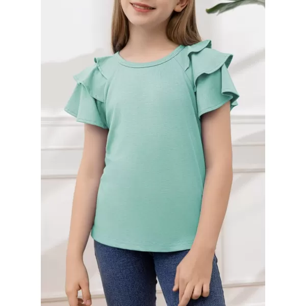 Girls Ruffle Sleeve Shirts Summer Cute Crewneck Blouse Tops 6-15 Years