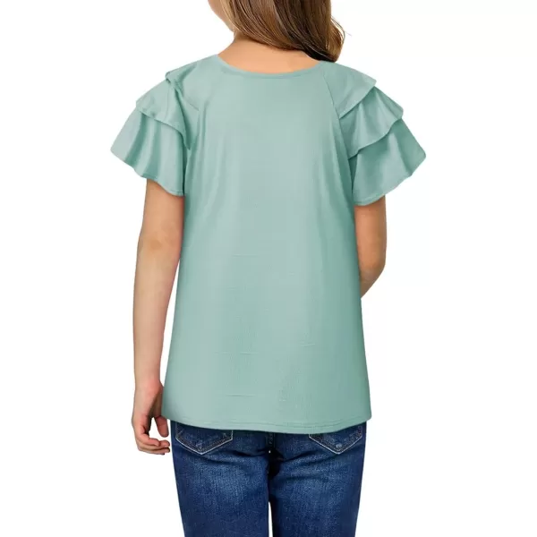 Girls Ruffle Sleeve Shirts Summer Cute Crewneck Blouse Tops 6-15 Years