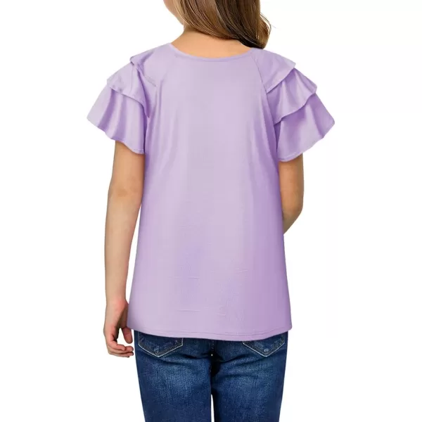 Girls Ruffle Sleeve Shirts Summer Cute Crewneck Blouse Tops 6-15 Years