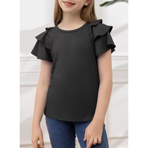 Girls Ruffle Sleeve Shirts Summer Cute Crewneck Blouse Tops 6-15 Years