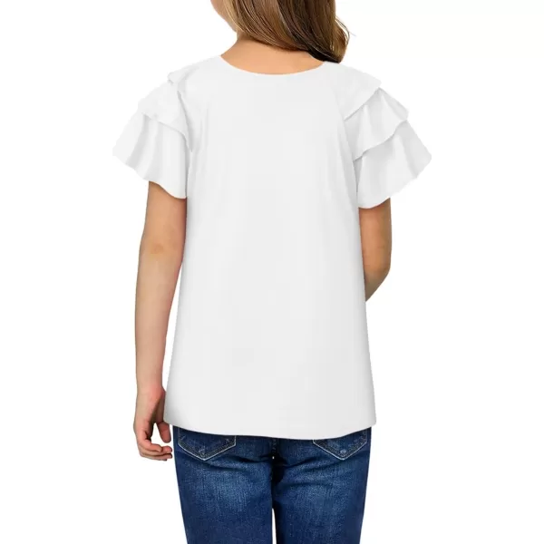 Girls Ruffle Sleeve Shirts Summer Cute Crewneck Blouse Tops 6-15 Years