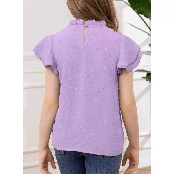Girls Shirts Pleated Crewneck Ruffled Short Sleeve Tops Cute Swiss Dot Blouse
