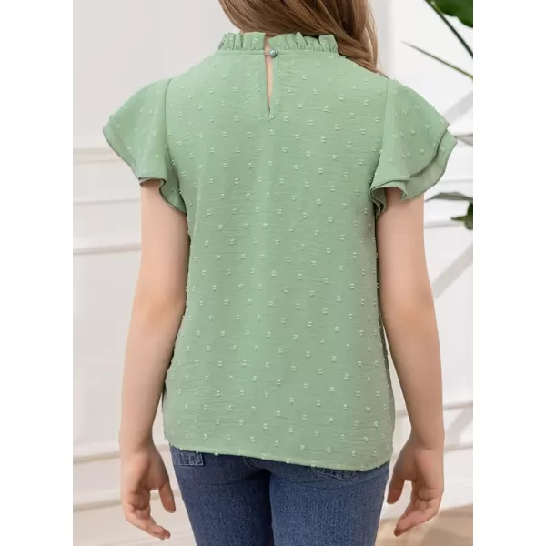 Girls Shirts Pleated Crewneck Ruffled Short Sleeve Tops Cute Swiss Dot Blouse