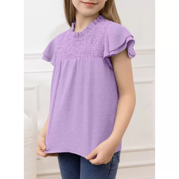 Girls Shirts Pleated Crewneck Ruffled Short Sleeve Tops Cute Swiss Dot Blouse