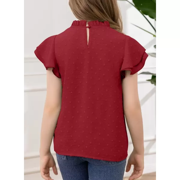 Girls Shirts Pleated Crewneck Ruffled Short Sleeve Tops Cute Swiss Dot Blouse