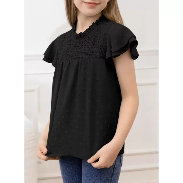 Girls Shirts Pleated Crewneck Ruffled Short Sleeve Tops Cute Swiss Dot Blouse