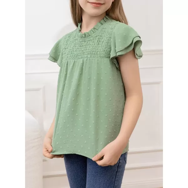 Girls Shirts Pleated Crewneck Ruffled Short Sleeve Tops Cute Swiss Dot Blouse