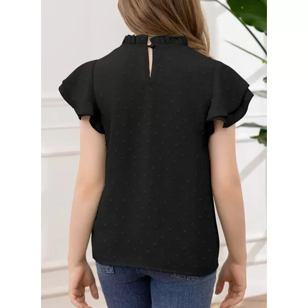 Girls Shirts Pleated Crewneck Ruffled Short Sleeve Tops Cute Swiss Dot Blouse