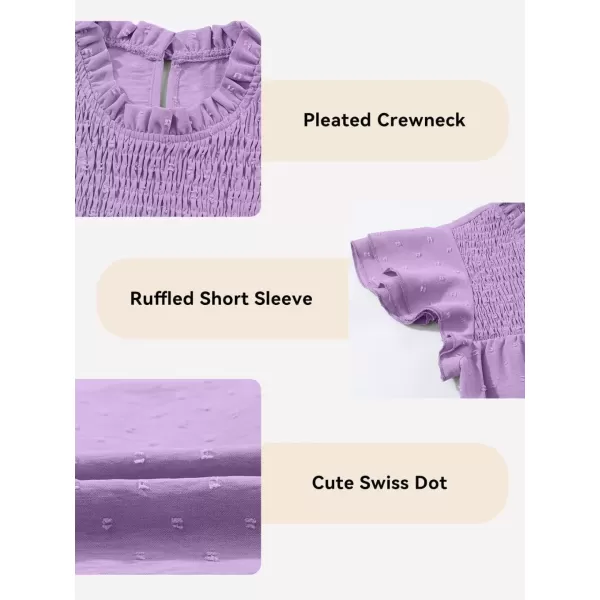 Girls Shirts Pleated Crewneck Ruffled Short Sleeve Tops Cute Swiss Dot Blouse