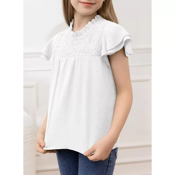 Girls Shirts Pleated Crewneck Ruffled Short Sleeve Tops Cute Swiss Dot Blouse