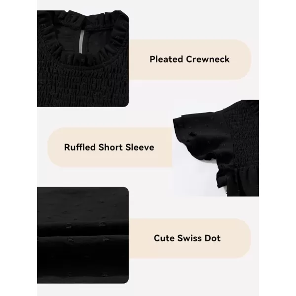 Girls Shirts Pleated Crewneck Ruffled Short Sleeve Tops Cute Swiss Dot Blouse