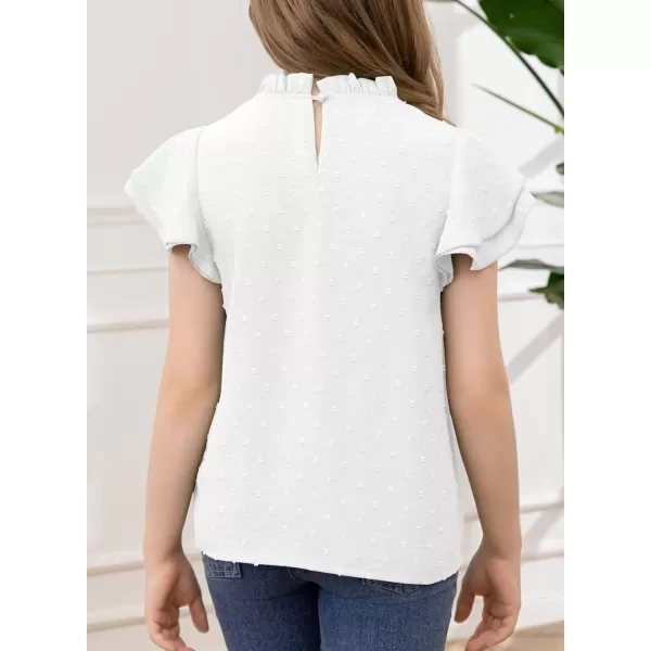 Girls Shirts Pleated Crewneck Ruffled Short Sleeve Tops Cute Swiss Dot Blouse