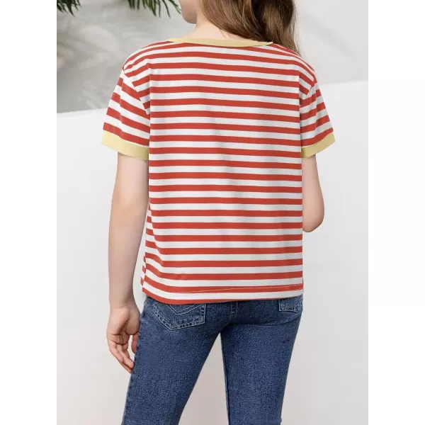 Girls Striped Color Block Short Sleeve T Shirts Casual Crewneck Summer Cute Tee Tops 4-13 Years