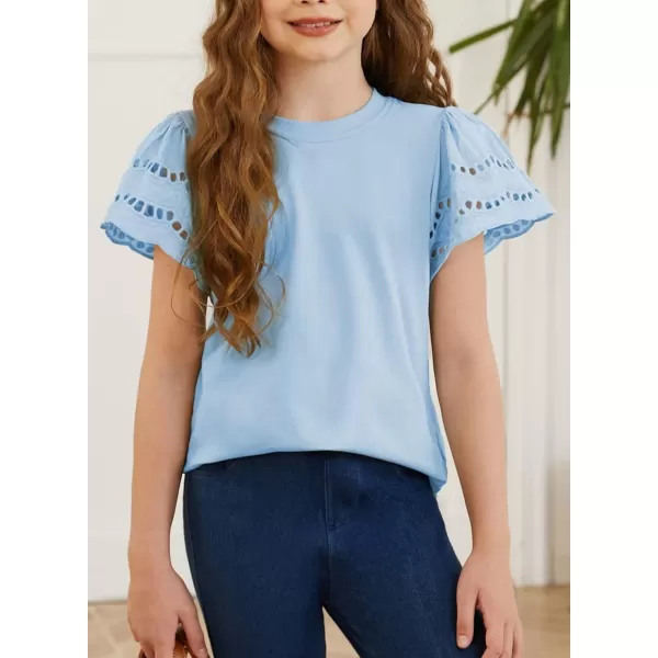 Girls Summer Shirts Crewneck Ruffled Short Sleeve Blouse Tops Size 6-15 Years