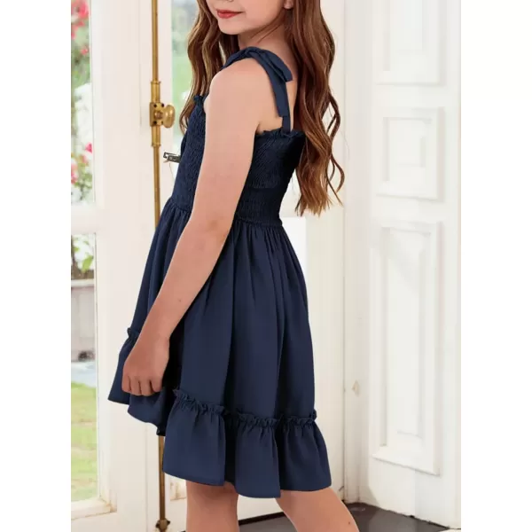 Girls Sundress Sleeveless Bowknot Strap Smocked Dress 4-13 Years