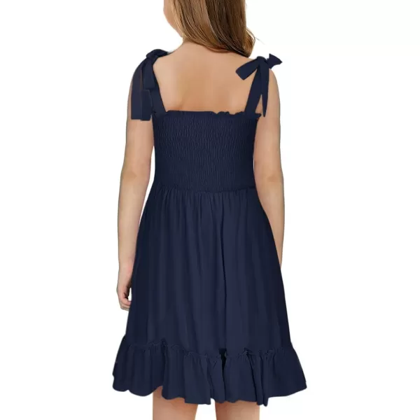 Girls Sundress Sleeveless Bowknot Strap Smocked Dress 4-13 Years