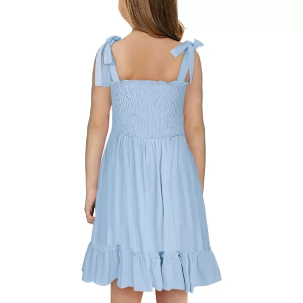 Girls Sundress Sleeveless Bowknot Strap Smocked Dress 4-13 Years