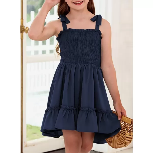 Girls Sundress Sleeveless Bowknot Strap Smocked Dress 4-13 Years