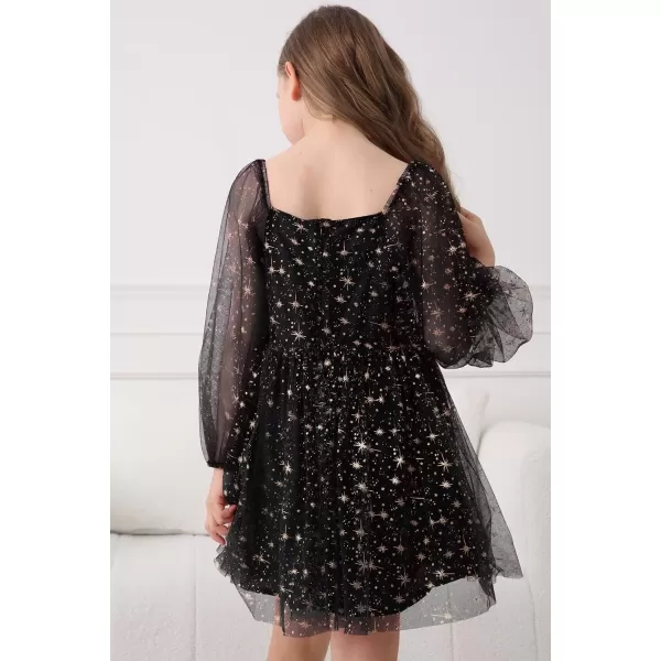 Girls Tulle Dress Sheer Mesh Puff Long Sleeve Star Overlay A Line Dress