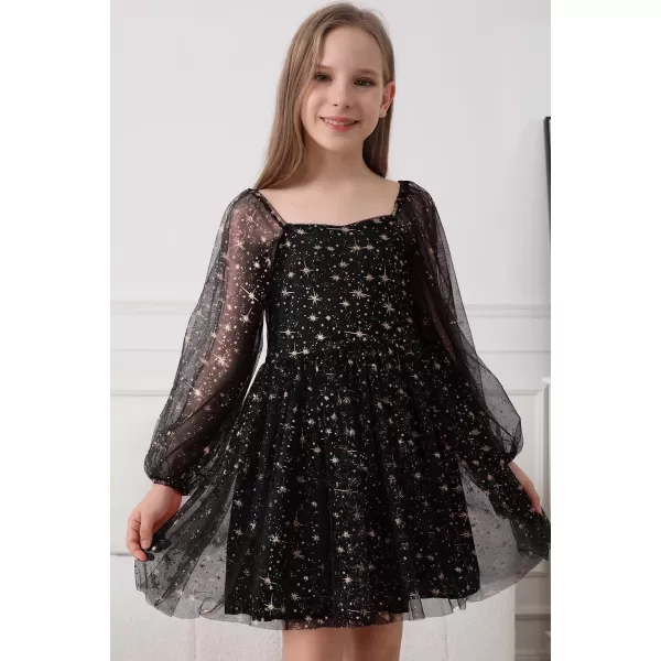 Girls Tulle Dress Sheer Mesh Puff Long Sleeve Star Overlay A Line Dress