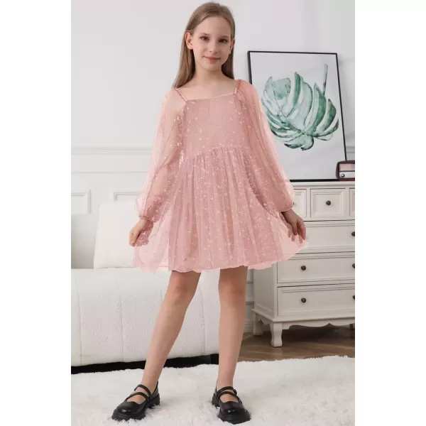 Girls Tulle Dress Sheer Mesh Puff Long Sleeve Star Overlay A Line Dress