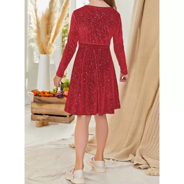 Girls Wrap V Neck Velvet Dress Long Sleeve Sequin Party Dresses with Belt