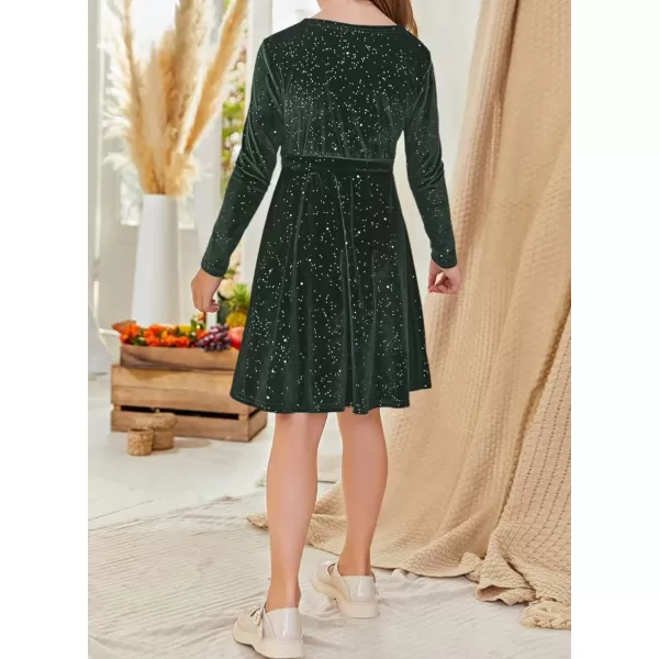 Girls Wrap V Neck Velvet Dress Long Sleeve Sequin Party Dresses with Belt
