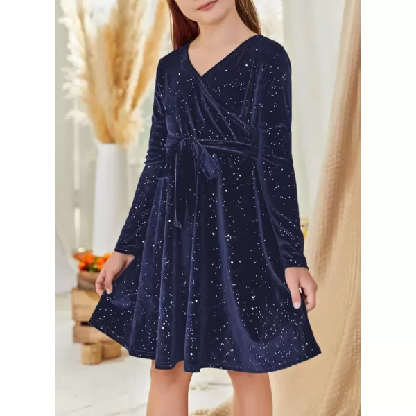 Girls Wrap V Neck Velvet Dress Long Sleeve Sequin Party Dresses with Belt