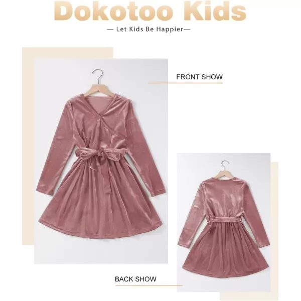 Girls Wrap V Neck Velvet Dress Long Sleeve Sequin Party Dresses with Belt