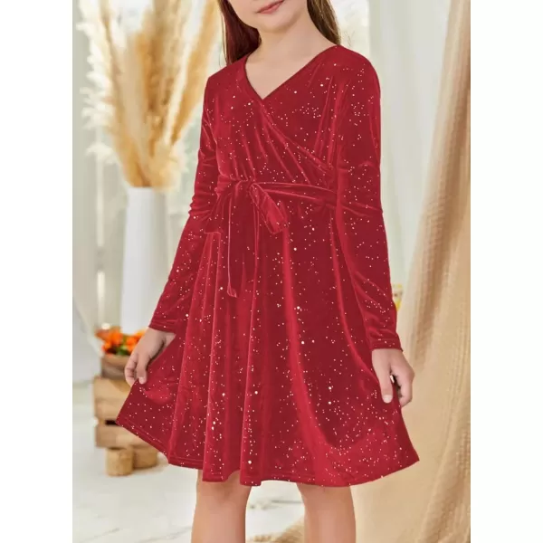 Girls Wrap V Neck Velvet Dress Long Sleeve Sequin Party Dresses with Belt