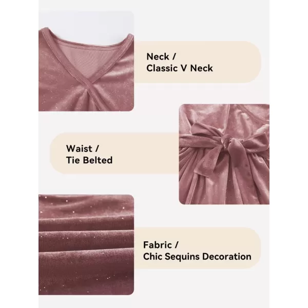Girls Wrap V Neck Velvet Dress Long Sleeve Sequin Party Dresses with Belt