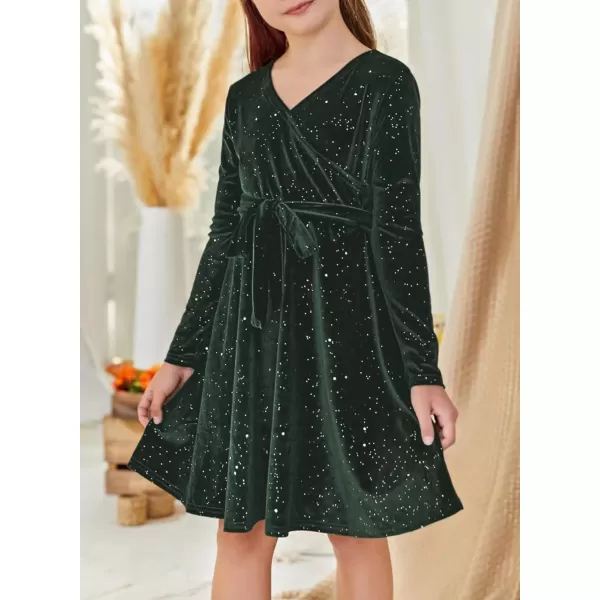 Girls Wrap V Neck Velvet Dress Long Sleeve Sequin Party Dresses with Belt