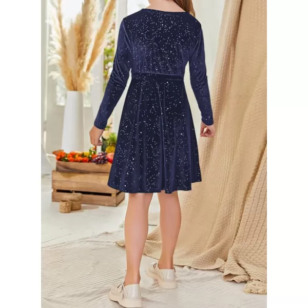 Girls Wrap V Neck Velvet Dress Long Sleeve Sequin Party Dresses with Belt