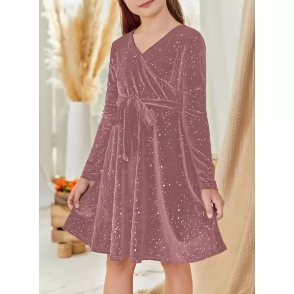 Girls Wrap V Neck Velvet Dress Long Sleeve Sequin Party Dresses with Belt