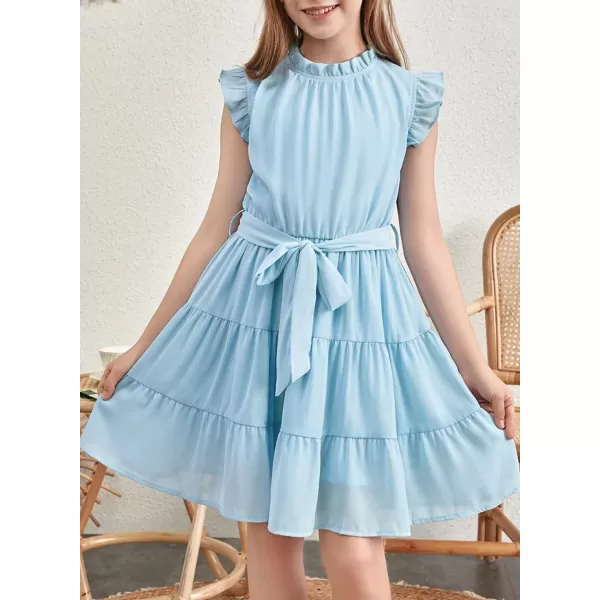 Tween Girls Dresses Elegant Sleeveless Ruffle Flowy Dress with Belt 6-13 Years