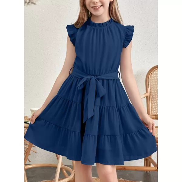 Tween Girls Dresses Elegant Sleeveless Ruffle Flowy Dress with Belt 6-13 Years