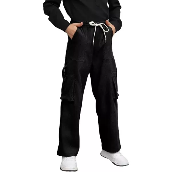 Boys Corduroy Cargo Pants Drawstring Elastic Waist Straight Leg Trousers for Kids 7-15 Years
