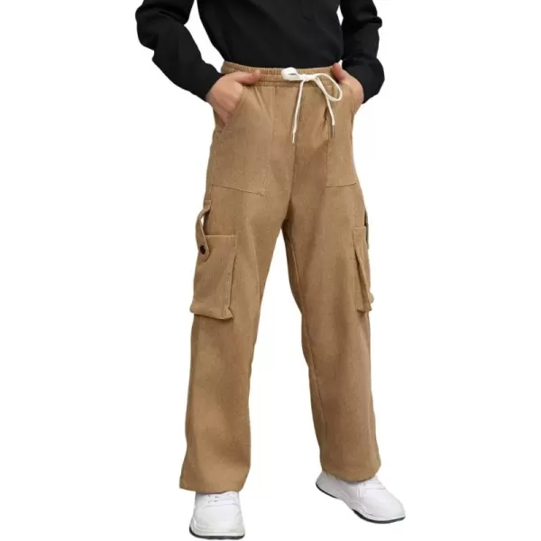 Boys Corduroy Cargo Pants Drawstring Elastic Waist Straight Leg Trousers for Kids 7-15 Years