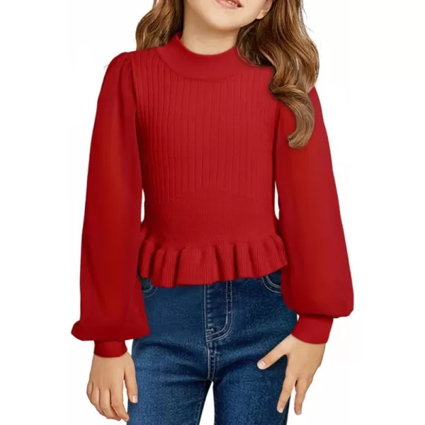 Girls Chiffon Puff Long Sleeve Sweaters Cute Crewneck Knit Ruffle Pullover Sweaters 7-15 Years
