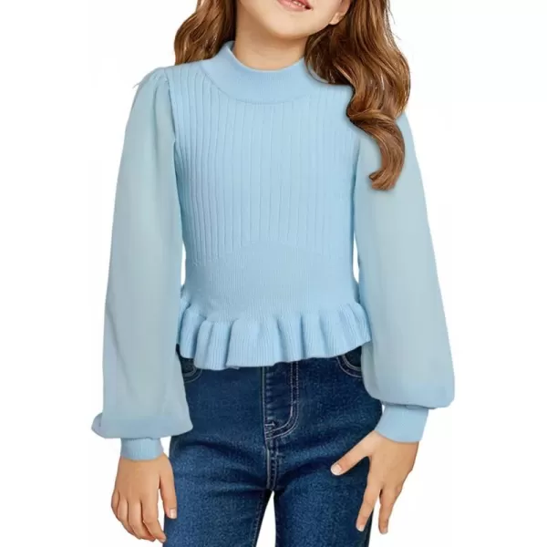 Girls Chiffon Puff Long Sleeve Sweaters Cute Crewneck Knit Ruffle Pullover Sweaters 7-15 Years