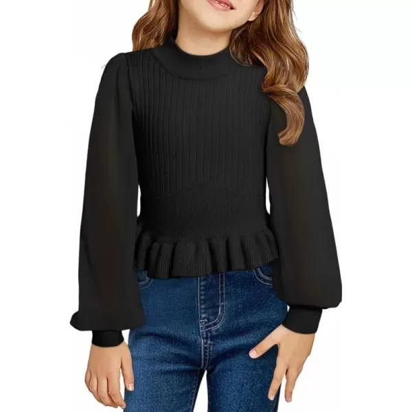 Girls Chiffon Puff Long Sleeve Sweaters Cute Crewneck Knit Ruffle Pullover Sweaters 7-15 Years