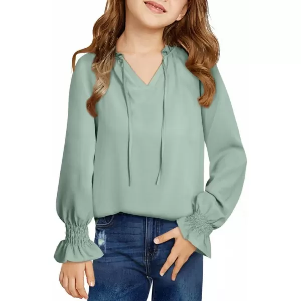 Girls Cute Long Sleeve Chiffon Blouses 2024 Casual V Neck Smocked Cuffs Shirts Tops 7-15 Years