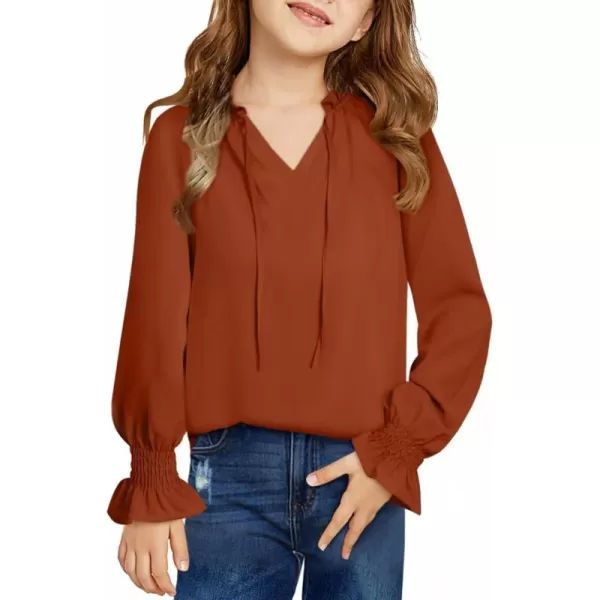 Girls Cute Long Sleeve Chiffon Blouses 2024 Casual V Neck Smocked Cuffs Shirts Tops 7-15 Years