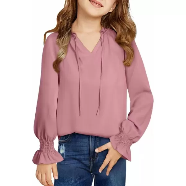 Girls Cute Long Sleeve Chiffon Blouses 2024 Casual V Neck Smocked Cuffs Shirts Tops 7-15 Years