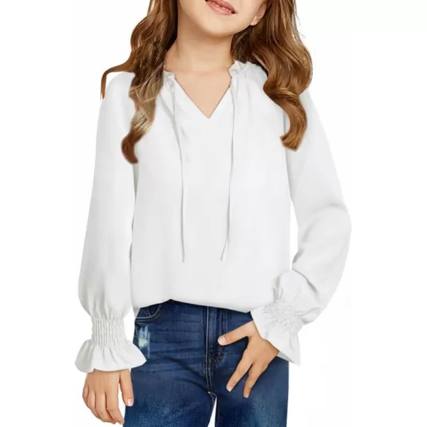 Girls Cute Long Sleeve Chiffon Blouses 2024 Casual V Neck Smocked Cuffs Shirts Tops 7-15 Years