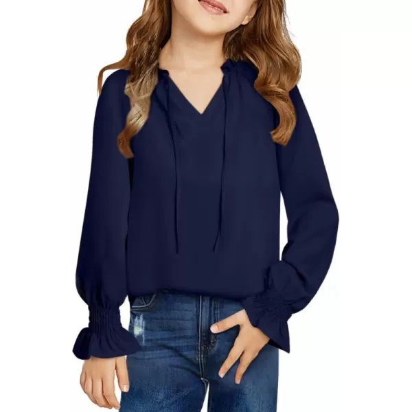 Girls Cute Long Sleeve Chiffon Blouses 2024 Casual V Neck Smocked Cuffs Shirts Tops 7-15 Years