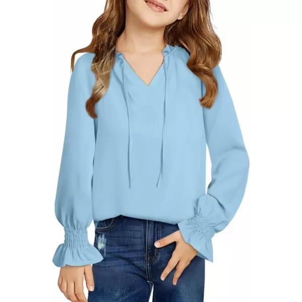 Girls Cute Long Sleeve Chiffon Blouses 2024 Casual V Neck Smocked Cuffs Shirts Tops 7-15 Years